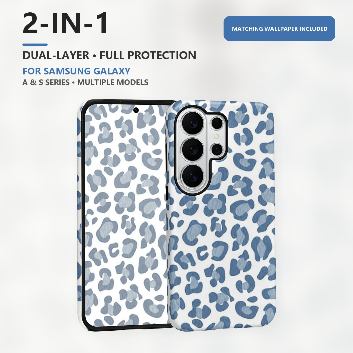 Computer Case - Blauwe telefoonhoes met luipaardprint, 2-in-1, met